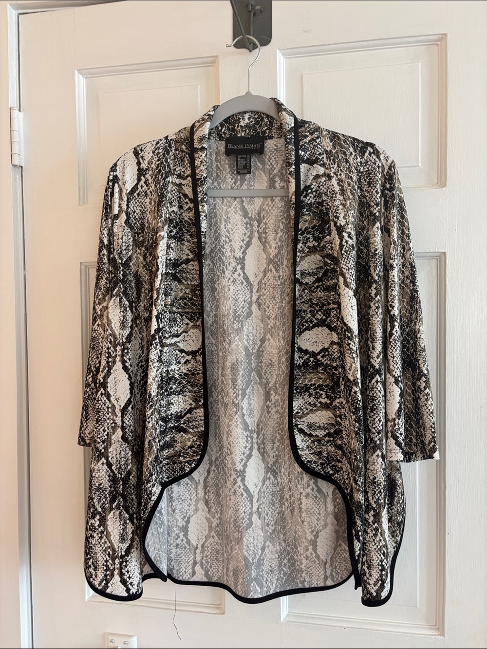 Frank Lyman Design Snake-Pattern Open Cardigan in Black, White, Taupe